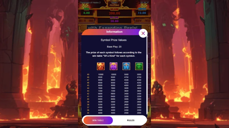 Treasures of Hades 2 — paytable and symbols of the Rectangle Games slot with 96.95% RTP